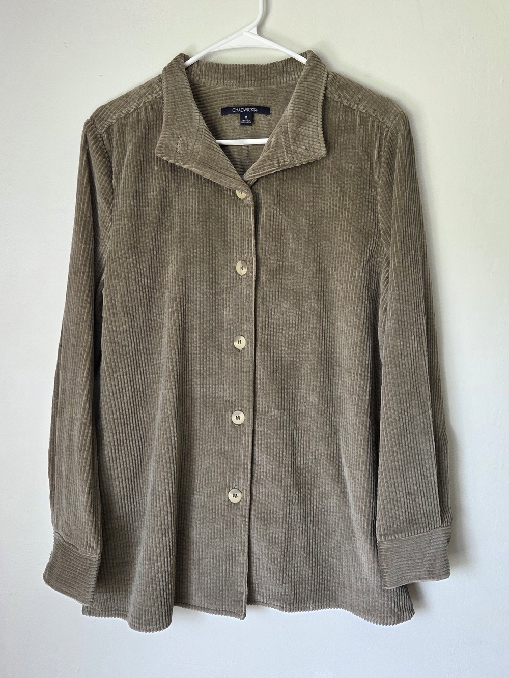 Chadwicks Taupe Corduroy Button-Up Shirt Medium 100% Cotton Ribbed Long Sleeve